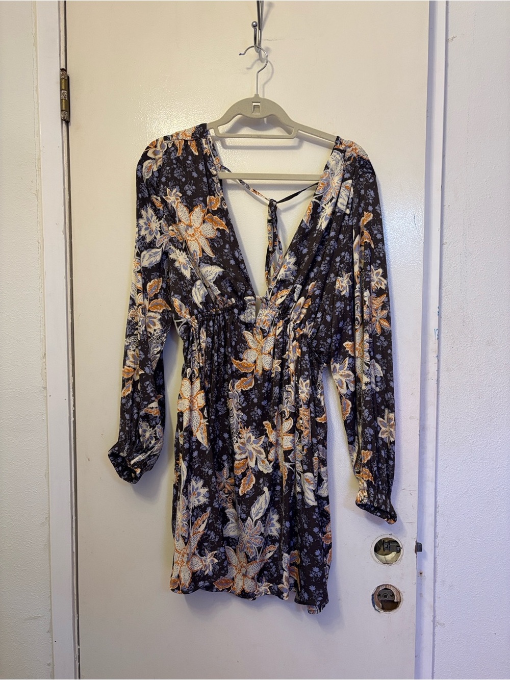 Free People Black Floral V-Neck Long Sleeve Mini Dress